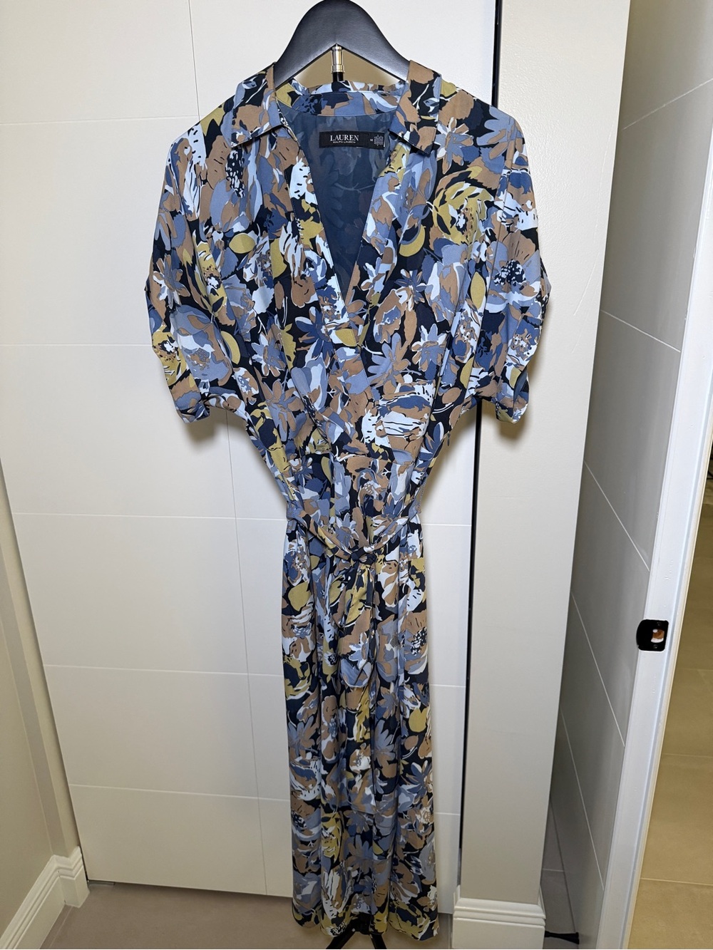 Ralph Lauren Navy, Blue & Tan Floral Wrap Maxi Dress